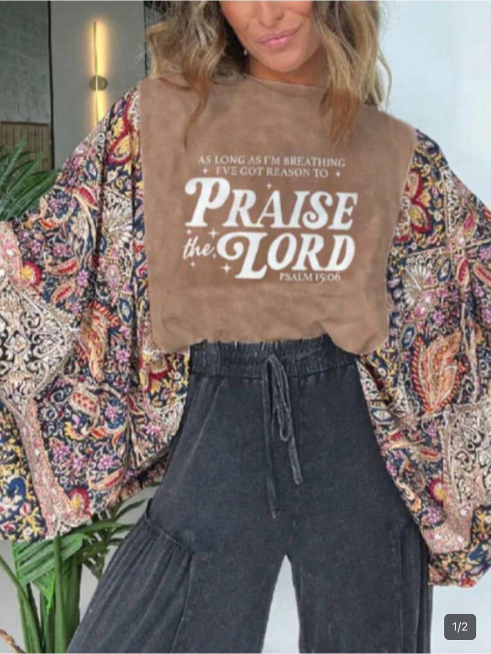 Brown 'Praise The Lord' Cropped Tee with Patterned Kimono Sleeves